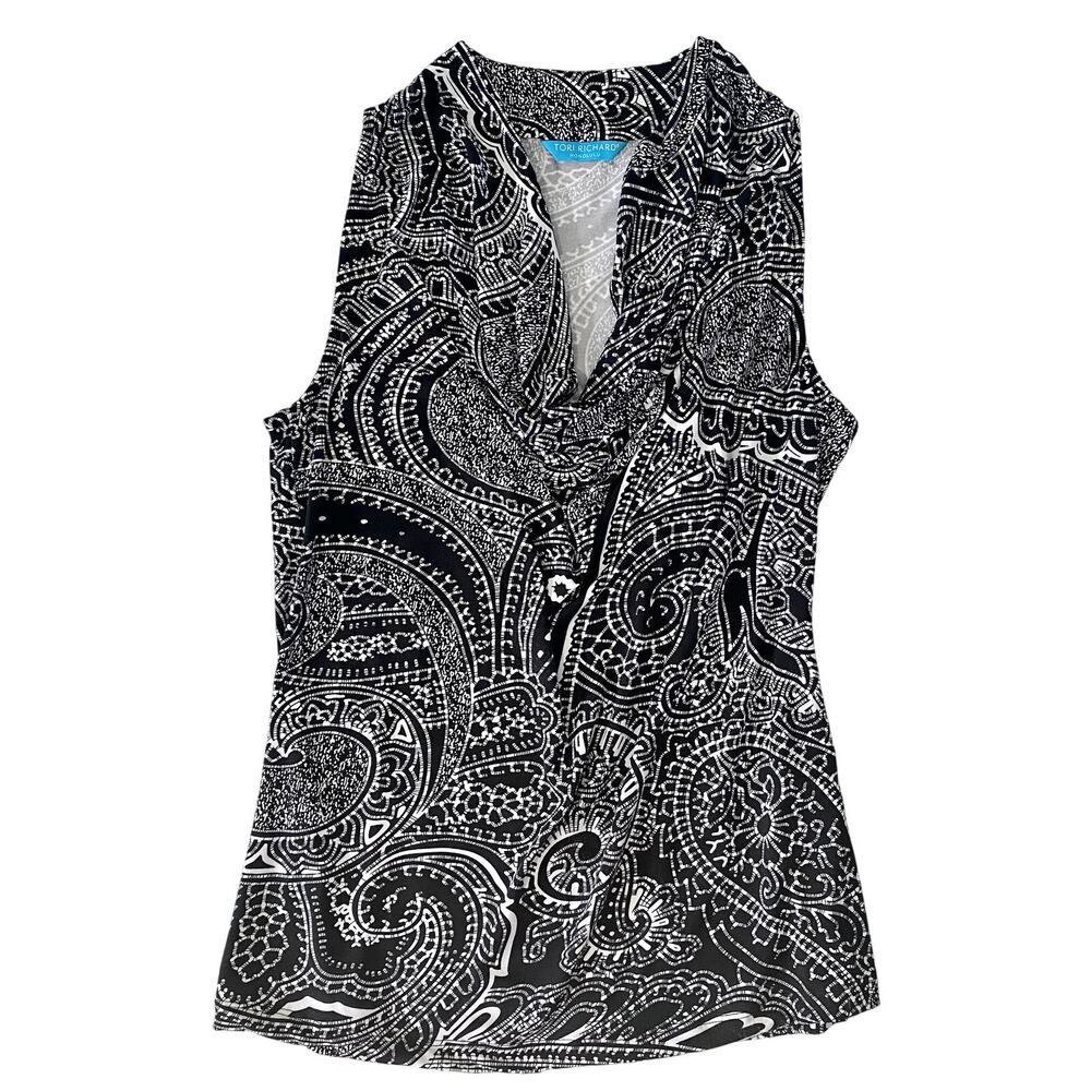 Tori Richard Honolulu Resort Black White Abstract Paisley Sleeveless Blouse S